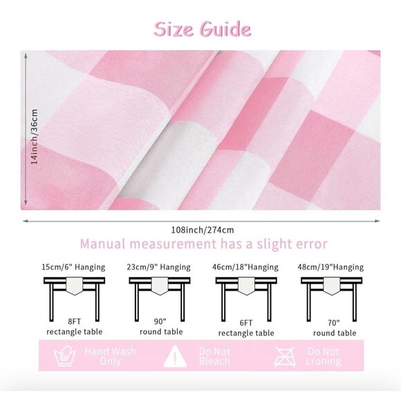 Pink and White Buffalo Checked Gingham Waterproof Table Runner 14x108 Set of 3 - Picture 8 of 9